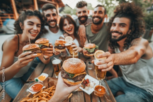 A diverse group of friends dine at an outdoor cafe, enjoying burgers and drinking beer together.