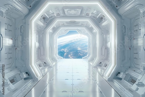 Futuristic Space Station Corridor with Earth View © Damrongkiat