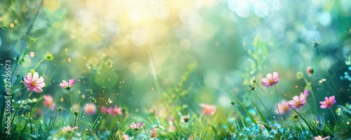 Beautiful spring meadow with flowers and green grass, blurred background banner panorama, copy space for text © DWN Media