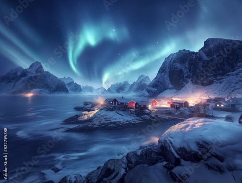 A beautiful night sky with a bright aurora borealis. The sky is filled with stars and the aurora is glowing brightly. The scene is set in a small town with houses and a lake