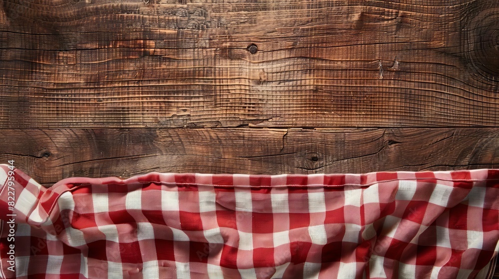old wooden table with checked gingham tablecloth and rustic texture top view old wooden table with checked gingham tablecloth and rustic texture top view