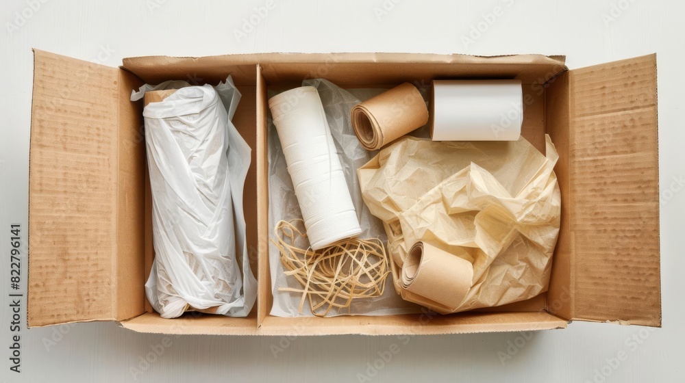 opened cardboard box with packing materials on white background moving day photo opened cardboard box with packing materials on white background moving day photo