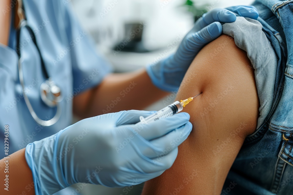 Close up of a doctor's hands giving a male patient a shot in a white office. Close up of a doctor's hands giving a male patient a shot in a white office.