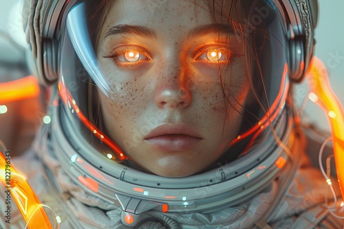 Futuristic Anime Girl in Grey Astronaut Suit with Glowing Orange Pipes