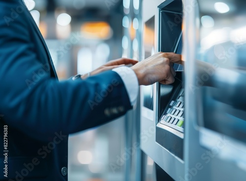 Close up of a hand using a credit card at an ATM machine, a business man in a suit standing next to the counter with his arm outstretched touching a button inside a modern bank office interior