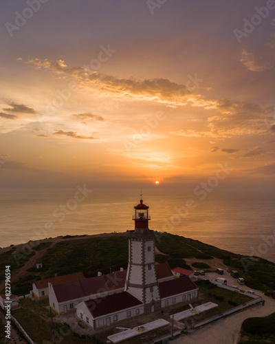 Lighthouse at Cabo Espichel at Sunset. Golden Hour. Portugal. Aerial View.