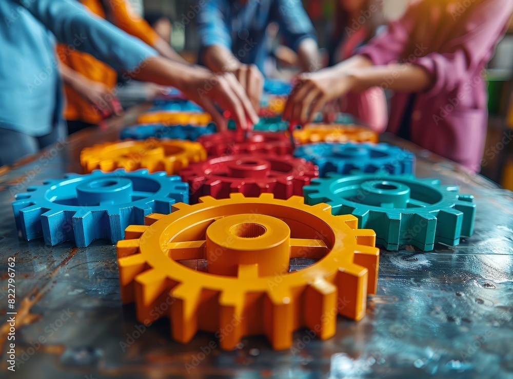 Close up of multiethnic business people connecting colorful gears with their hands on a table in an office, with the focus point on a black man's hand holding a gear wheel at the center Close up of multiethnic business people connecting colorful gears with their hands on a table in an office, with the focus point on a black man's hand holding a gear wheel at the center