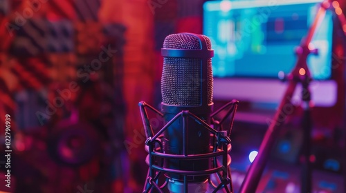 professional podcast recording studio with microphone and computer technology background