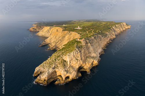 Panorama of Cabo Espichel in Portugal. Cliffs, Lighthouse and Atlantic Ocean. Aerial View.