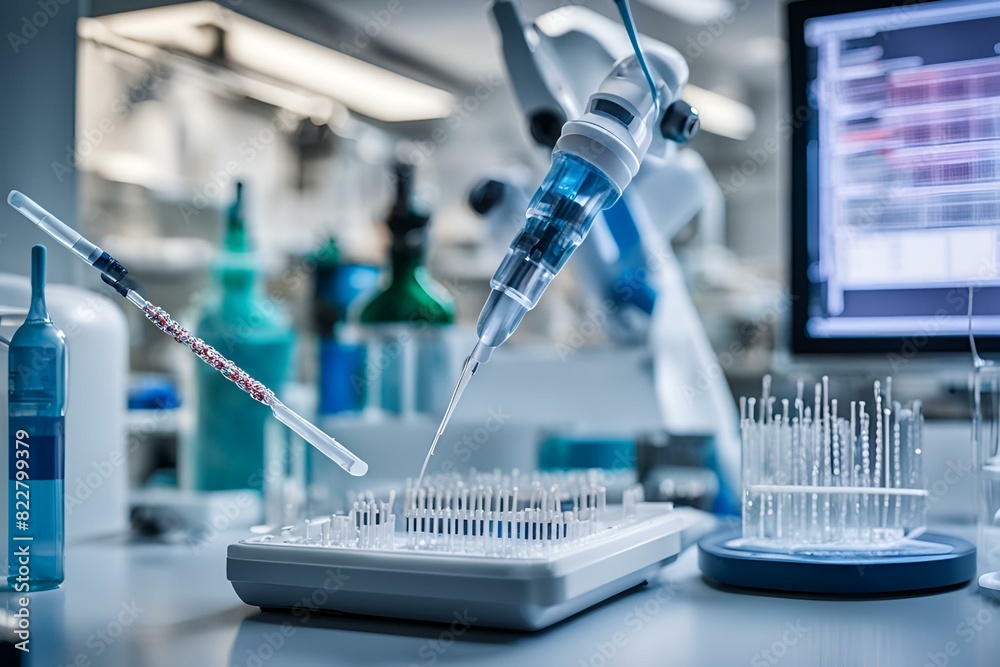 CRISPR technology in lab, genetic editing, pipette with DNA strands ...