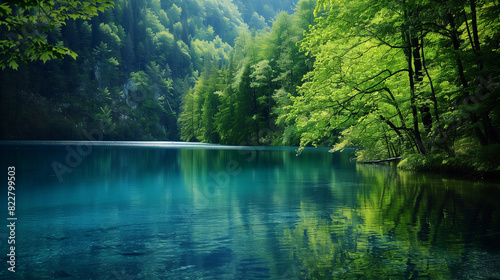 beautiful lake in green forest, relaxing landscape wallpaper 