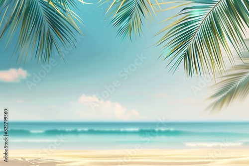 Digital illustration of a tranquil tropical beach with palm leaves frame and subtle waves