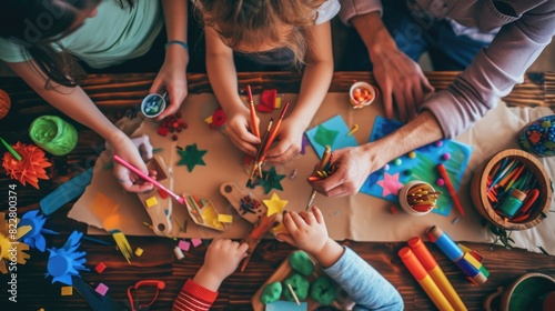 A family enjoys quality time together, engaging in arts and crafts at a colorful and messy home workstation, fostering creativity. AIG41