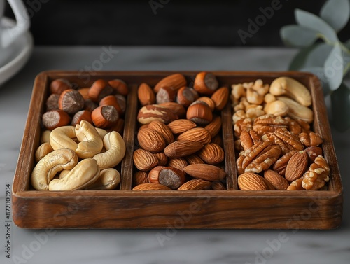 A wooden tray with nuts and cashews on it. The nuts are in three different sections. The tray is on a marble counter © MaxK