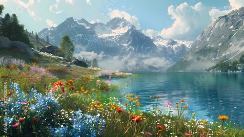 A 3D rendering Alps, blue lakeside meadows, and wildflowers at the foot of the mountain, warm colors, Generative AI illustraions.  photo