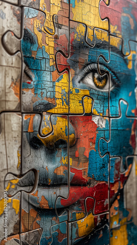 puzzle pieces graffiti of woman - 9x16 ratio