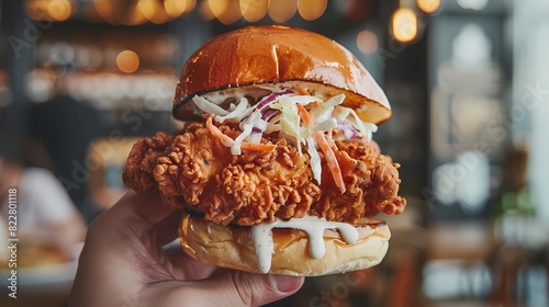 A close-up of a chicken burger held in a hand, features a soft, shiny bun, filled with crispy, golden-brown fried chicken pieces, Generative AI illustrations. 