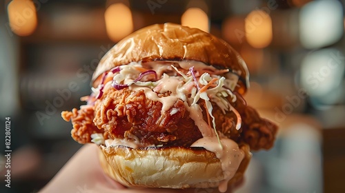 A close-up of a chicken burger held in a hand, features a soft, shiny bun, filled with crispy, golden-brown fried chicken pieces, Generative AI illustrations. 