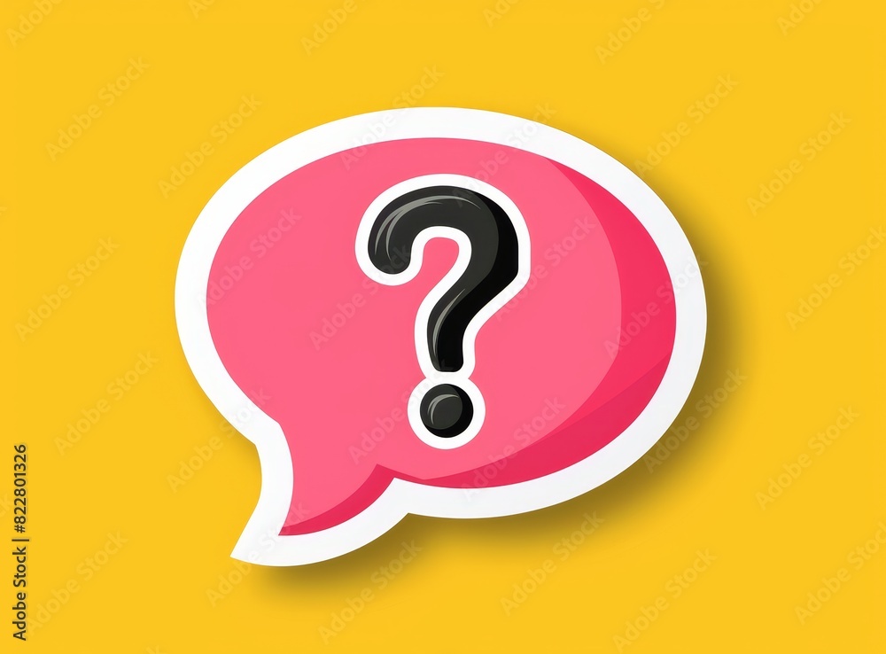 Sticker of a speech bubble with a question mark on a yellow background, a vector illustration in the flat design style, with a white border