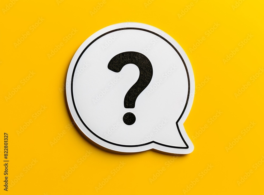Sticker of a speech bubble with a question mark on a yellow background, a vector illustration in the flat design style, with a white border Sticker of a speech bubble with a question mark on a yellow background, a vector illustration in the flat design style, with a white border