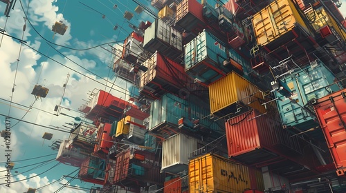 A large number of shipping containers stacked on top of each other floating in the sky, creating an abstract form with wires connecting them to create a mechanical structure in the style
