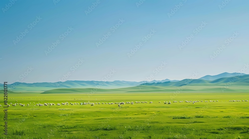A picture of a cloudless grassland in Inner Mongolia, the grassland is green and the sun is very good, Generative AI illustrations. A picture of a cloudless grassland in Inner Mongolia, the grassland is green and the sun is very good, Generative AI illustrations.