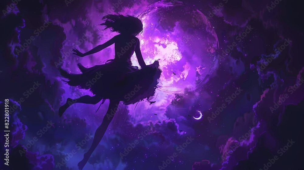 A silhouette of an anime girl in a dark purple dress flying, Generative AI illustrations. 