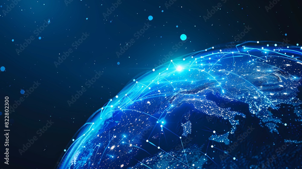 Obraz premium Abstract digital blue earth with global network and connectivity concept made of glowing lines, blue tones, dark blue gradient background, Generative AI illustrations. 