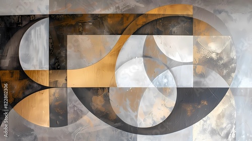 Abstract painting of gold, silver, and beige geometric shapes, Generative AI illustrations.
