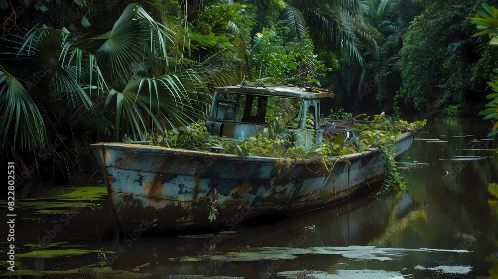 A old garbage collection boat covered with jungle in a river, Generative AI illustrations. A old garbage collection boat covered with jungle in a river, Generative AI illustrations.