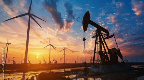 A sunset over a field of wind turbines and a large oil rig