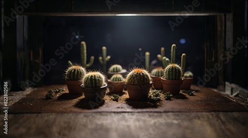 A group of cacti are sitting in pots on a wooden table
