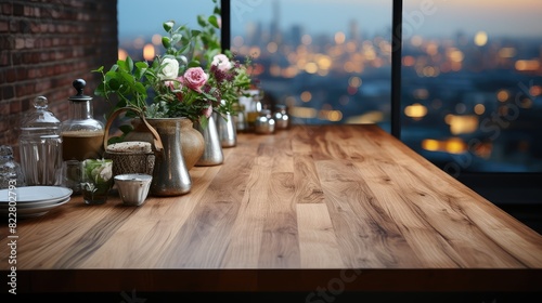 Rustic wooden table with a vase of flowers and a view of the city in the background.
