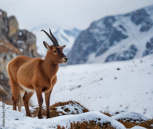 Chamois in the snow on the peaks of the National Park Picos de Europa in Spain.