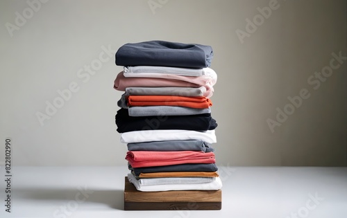 A stack of clothes on a table, with the topmost shirt being pink