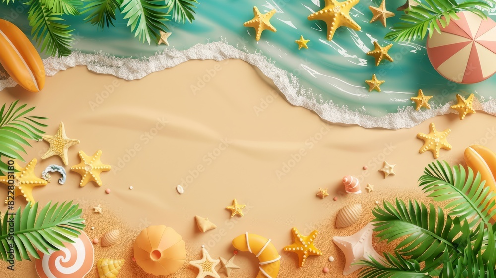 Summer holiday background. top view 3d beach clay style, copy space for your text. Summer holiday background. top view 3d beach clay style, copy space for your text.