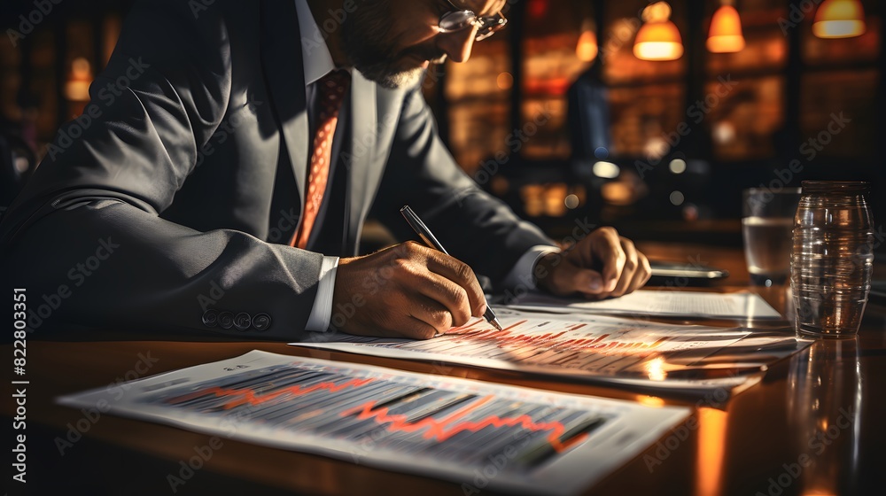 A businessman draws a chart by hand.
