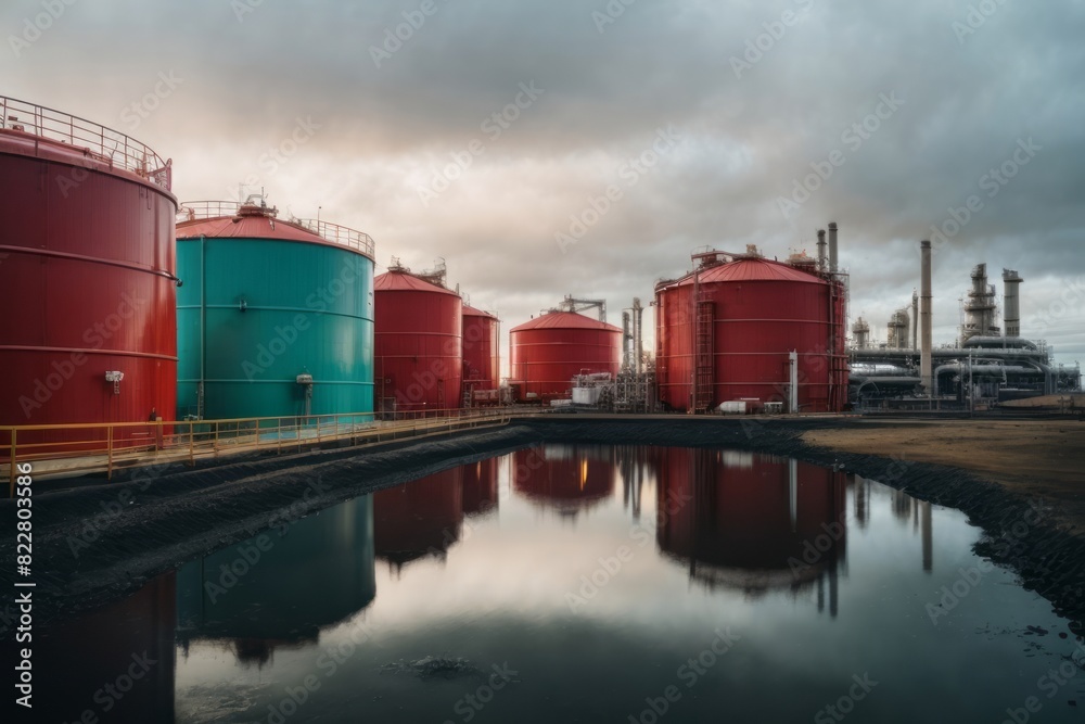 Oil and gas refinery industrial plants are stored in tanks, refinery factory