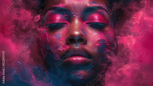 An abstract portrait  featuring pink bold brushstrokes and unexpected shapes.