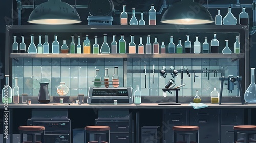 a kitchen with a shelf with bottles of alcohol and a bottle of alcohol, Generative AI illustrations.