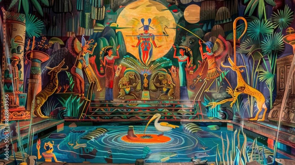 Obraz premium American Democracy, American society, whimsical fantasy scenes painted with bold colors, ancient Egyptian tomb paintings, 8k