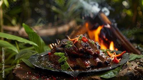 a plate of steaks with a fire in the background, Generative AI illustrations.