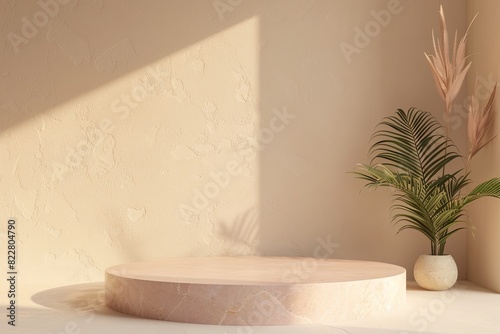 Sleek 3D podium on earth tone background with minimalistic design. Modern concept