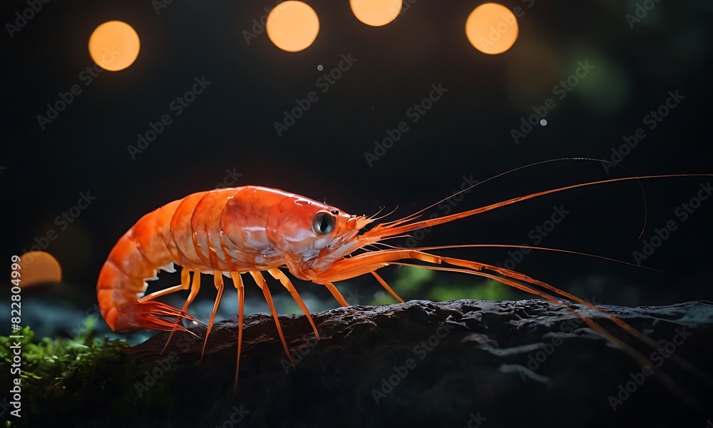 An orange shrimp is resting on a dark rock in the water An orange shrimp is resting on a dark rock in the water