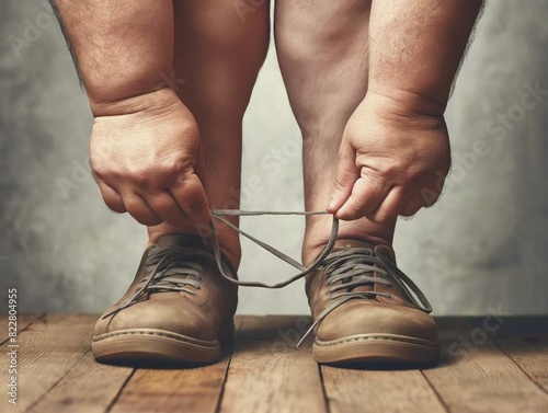 A man with large feet is trying to tie his shoes. Concept of humor and lightheartedness, as the man's struggle to tie his shoes is exaggerated and comical photo