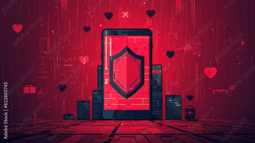 Vector flat illustration of mobile security concept and an exclamation ...