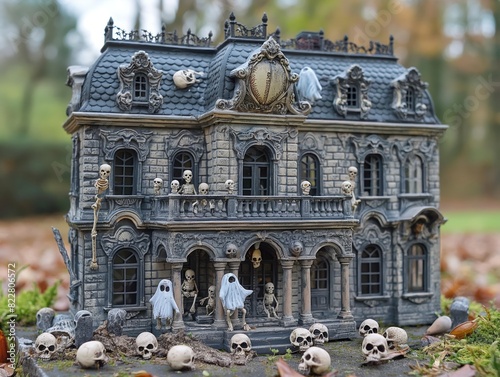 A creepy house with a graveyard in front of it. The house is decorated with skulls and skeletons photo