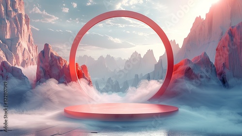 A futuristic podium with surrounding 3D shapes and ambient fog, designed to elevate and emphasize the product in a cutting-edge manner. Illustration image, photo