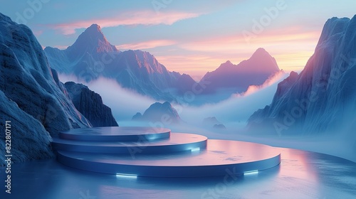 A futuristic podium with surrounding 3D shapes and ambient fog  designed to elevate and emphasize the product in a cutting-edge manner. Illustration image 