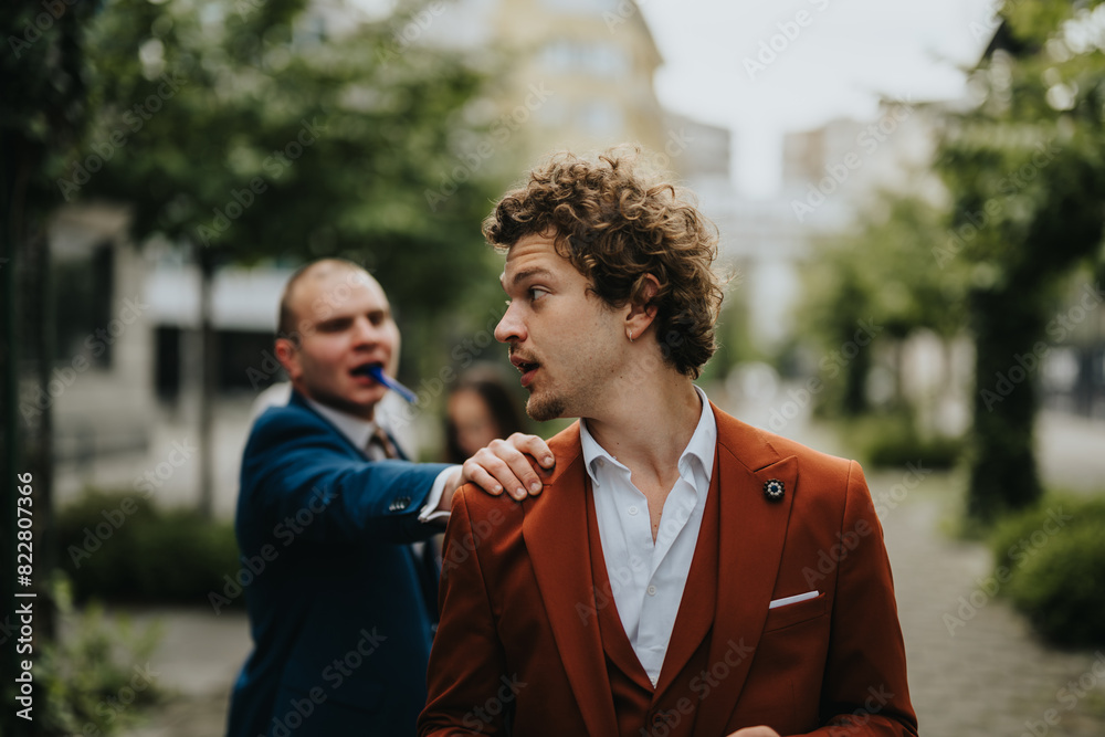 Two business professionals in stylish suits having a casual conversation outdoors, showcasing modern business attire and interpersonal interaction. Two business professionals in stylish suits having a casual conversation outdoors, showcasing modern business attire and interpersonal interaction.